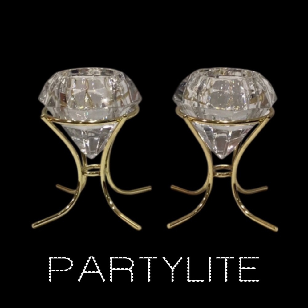 PARTYLITE Diamond Solitaire 24% Lead Crystal Votive Candle Holders 2 w/Stands